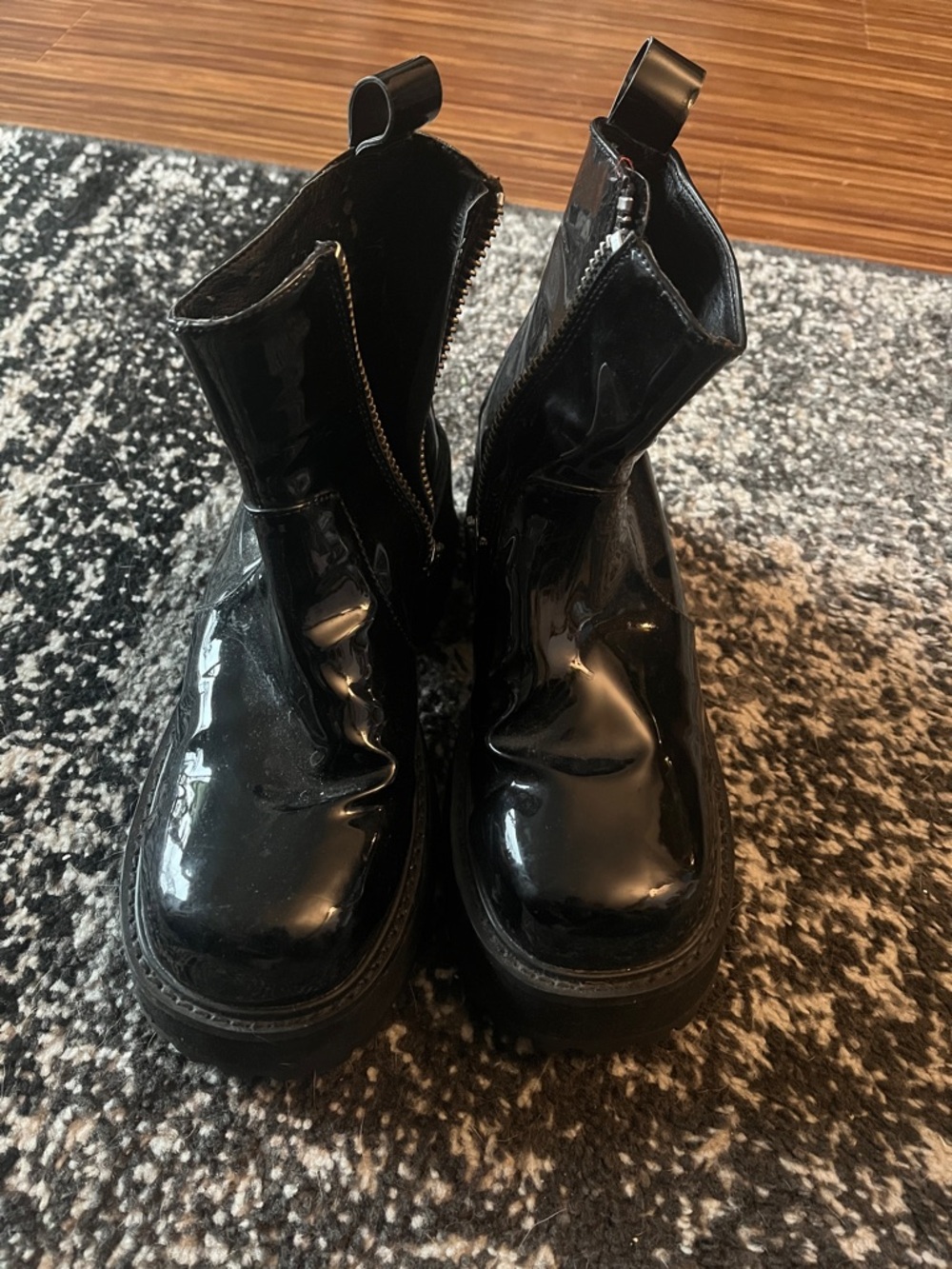 UNIF Black Patent Chunky Platform Ankle Boots with Side Zips